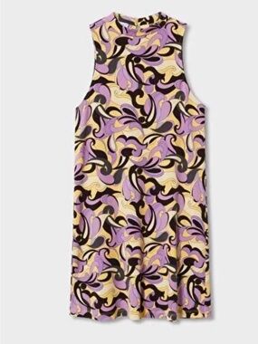 Mango Sleeveless Dress in Lavender, Yellow & Black Abstract Print